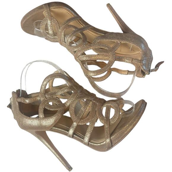 Brian Atwood Tira Special Occasion Metallic Gold Stiletto Sandal Shoes Size 7.5B - Picture 5 of 8